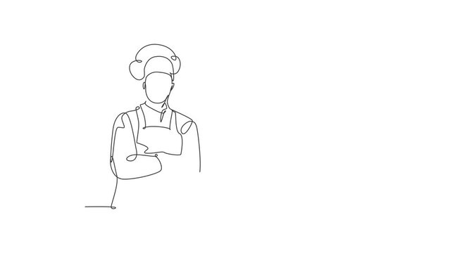Animated self drawing of single continuous line draw young confident handsome male chef in uniform pose standing and crossing arm in chest. Resto banner model concept. Full length one line animation.