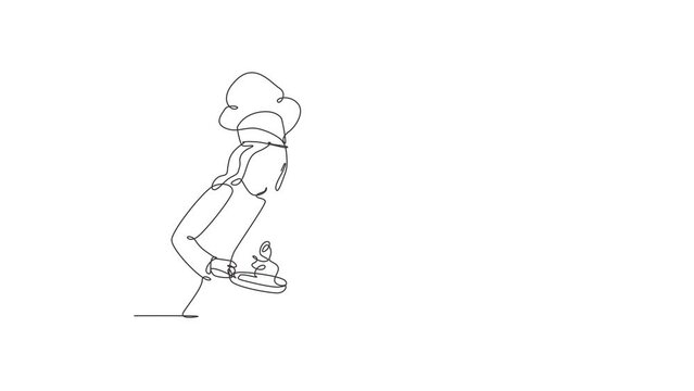 Animated self drawing of single continuous line draw young beauty female chef preparing to saute vegetables on cooking pan. Healthy organic food concept. Full length one line animation illustration.