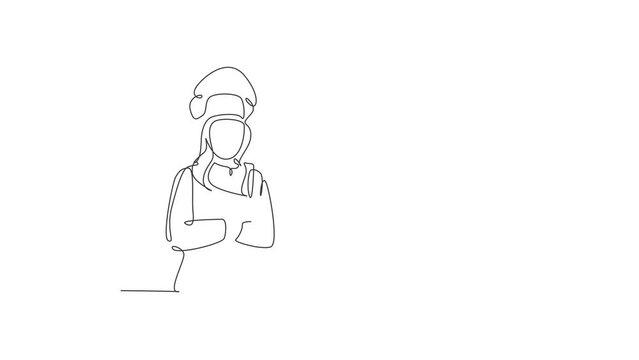 Animated self drawing of single continuous line draw young confident beauty female chef in uniform pose standing and crossing arm in chest. Resto banner model concept. Full length one line animation.