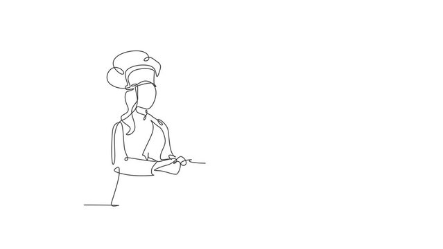 Animated self drawing of single continuous line draw young confident beauty female chef throwing ingredient on pan while sauteing the food. Healthy food concept. Full length one line animation.