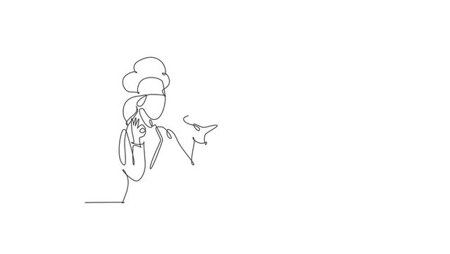 Self Drawing Animation Of Single Line Draw Young Beauty Female Chef Give Tasting Good Gesture While Serving Main Dish At Restaurant. Delicious Food Taste One Line Hand Drawn. Full Length Animated.