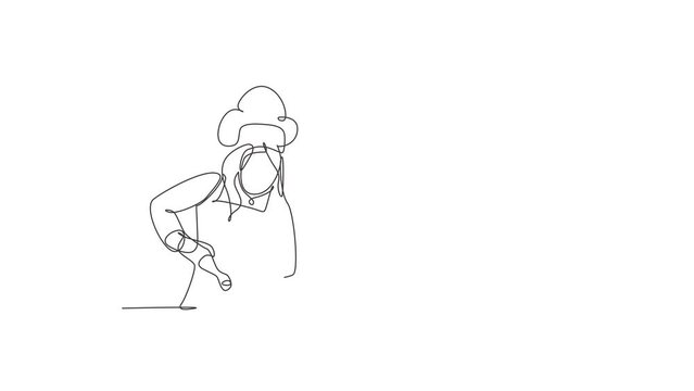 Animated self drawing of single continuous line draw young happy female chef sparkling salt paper seasoning into meal dish. Preparing organic food for catering concept. Full length one line animation.