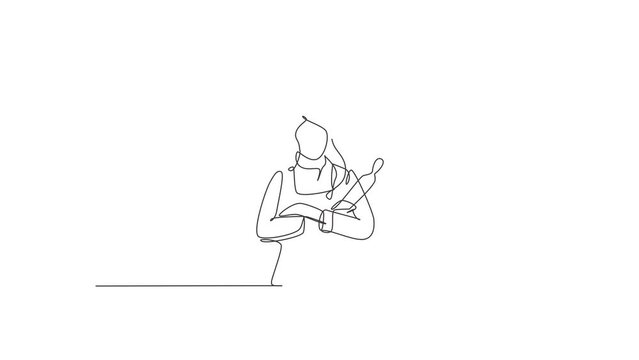 Animated self drawing of continuous one line draw young attractive beauty female chef holding wood rolling pin while arm crossed on chest. Service excellent concept. Full length single line animation.