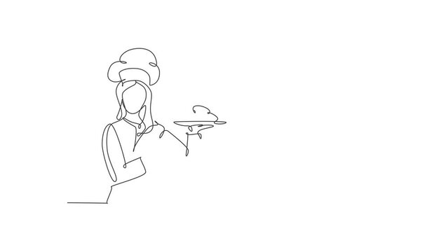 Self drawing animation of single one line draw young beauty female chef give tasting good gesture while serving main dish at restaurant. Delicious food taste one line hand drawn. Full length animated.
