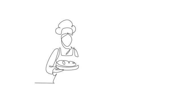 Animated self drawing of continuous one line draw young beauty woman chef in uniform serving main dish to customer at hotel restaurant. Healthy organic food concept. Full length single line animation.