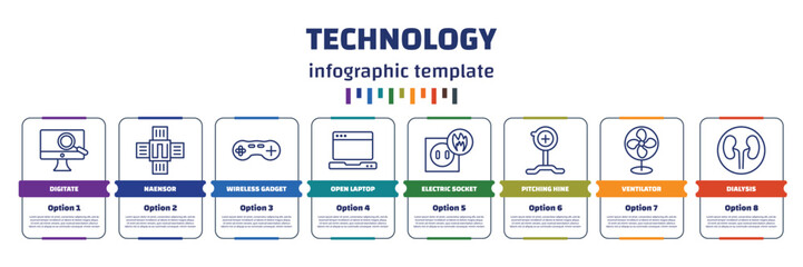 infographic template with icons and 8 options or steps. infographic for technology concept. included digitate, naensor, wireless gadget, open laptop, electric socket on fire, pitching hine,