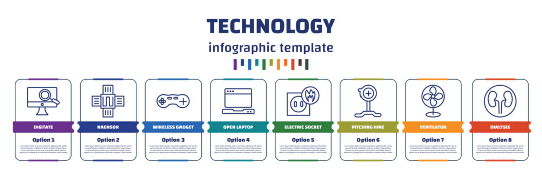 infographic template with icons and 8 options or steps. infographic for technology concept. included digitate, naensor, wireless gadget, open laptop, electric socket on fire, pitching hine,