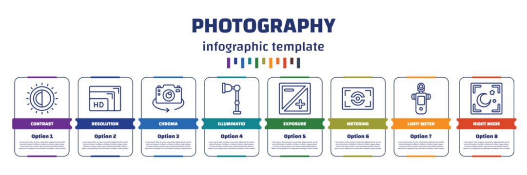 infographic template with icons and 8 options or steps. infographic for photography concept. included contrast, resolution, chroma, illuminatio, exposure, metering, light meter, night mode icons.