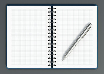 Spiral notepad with blank pages and ball point pen. 3D illustration