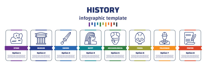 infographic template with icons and 8 options or steps. infographic for history concept. included stone, museum, sword, egypt, archaeological, fossil, policeman, poster icons.