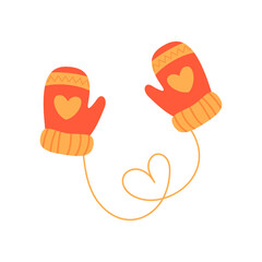 Red and orange knitted mittens. Christmas gloves with heart. Vector illustration