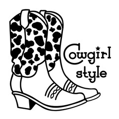 Cowgirl boots vector illustration. Vector Country cowboy boots with cow decoration isolated on white.