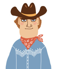 Cowboy portrait vector cartoons illustration isolated on white. Cowboy man with hat and red bandanna.