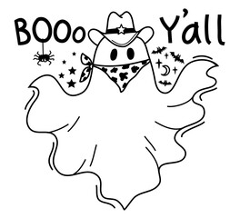 Halloween grost cowboy illustration. Vector hand drawn halloween cute ghost in cowboy hat and bandanna and Boo holiday text isolated on white for print or design
