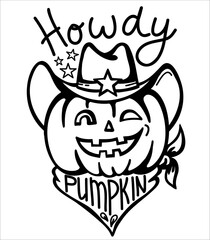 Pumpkin cowboy vector printable illustration. Halloween pumpkin wearing cowboy hat and bandanna with howdy text isolated on white background