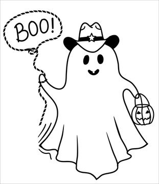 Halloween cute grost cowboy illustration. Vector hand drawn halloween ghost in cowboy hat and lasso Boo holiday text isolated on white for print or design