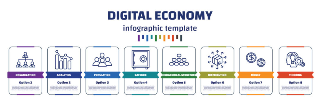 infographic template with icons and 8 options or steps. infographic for digital economy concept. included organization, analytics, population, safebox, hierarchical structure, distribution, money,