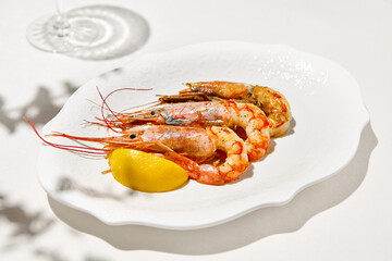 Grilled shrimps on light background with shadows. Grilled prawns with lemon on white table. Aesthetic composition with bbq shrimps. Bbq prawns. Grilled seafood. Summer menu.