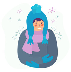 Portrait of a frozen girl, a woman in a hat wrapped up to her nose with a warm scarf against the background of cold winter snowflakes. Cartoon character in flat style for winter design, decor.Vector