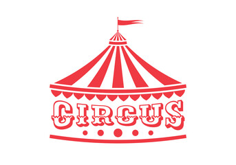 Circus logo, emblem, icon with tent or marquee. Carnival, fair show, amusement park sign. Vintage design element. Vector illustration. - obrazy, fototapety, plakaty
