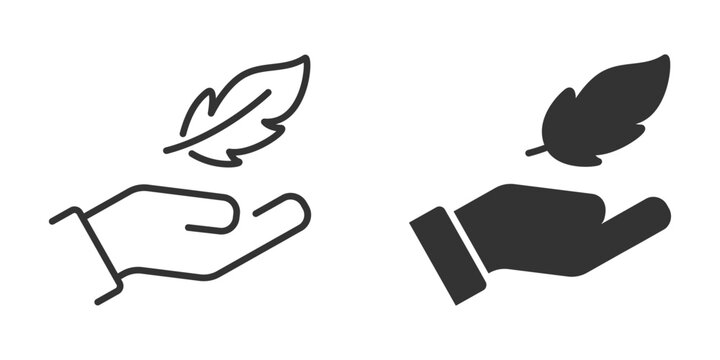 Feather in hand icon. Lightweight icon. Vector illustration.