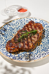 Grilled beef steak with rosemary on ceramic plate. Classic striploin steak cooked on grill. Bbq beef fillet. Steak in minimal style with shadows. Grilled striploin in summer menu. Meat dish on grill.