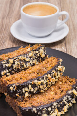 Zucchini dough and cup of white coffee. Delicious dessert