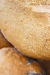 Fresh loaves of rye or wheat bread with sesame seeds