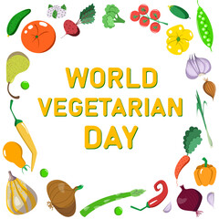 Vector postcard of the World Vegetarian Day in a flat style. Food in a circle around. Banner for the website, for printing.