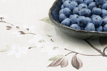 Plate with blueberries on a patterned natural fabric.