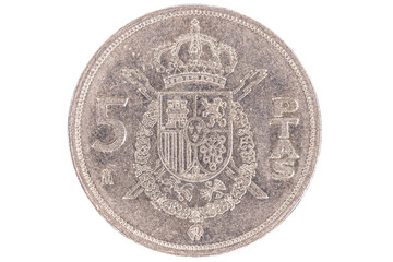 Reverse with the emblem of the Spanish coin of 5 pesetas of the year 1984