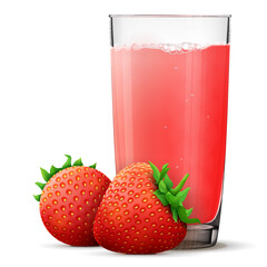 Strawberry juice in glass isolated on white background. Whole strawberry berries with fresh squeezed juice glass. Vector illustration about beverages, fruits, agriculture, food, gastronomy, etc © kulyk