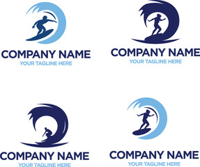 Blue Wave and surfer surfing the waves on his surfboard logo vector