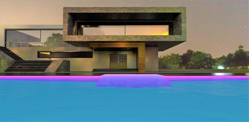 Blue water swimming pool in the yard of an advanced minimalist house. Bright night an hour before dawn. The stairs are highlighted in purple. 3d render.