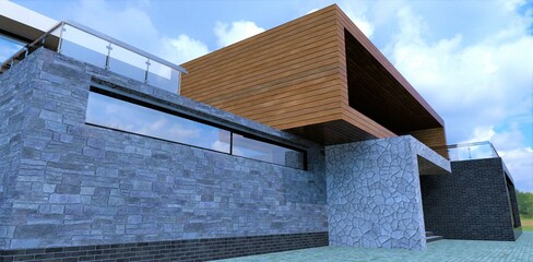 Finishing the facade of a modern country house with gray slate. Trends in the decor of advanced architecture. 3d render.