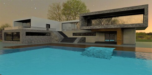 Turquoise pool in the courtyard of a private house in the style of minimalism. Night lights are reflected on the windows. 3d render.