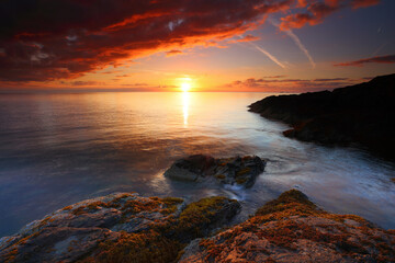 Fototapeta na wymiar Beautiful Sunrise View looking over the Liverpool Bay from Point Lynas, Anglesey, North Wales. UK.
