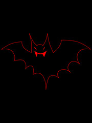 Red bat on a black background. Flying vampire. Vector image of a bat. Halloween holiday. Animal grin. Vampire teeth. Red on black.