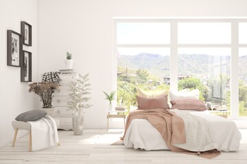 Fototapeta na wymiar Stylish bedroom in white color with summer landscape in window. Scandinavian interior design. 3D illustration