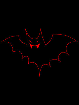 Red bat on a black background. Flying vampire. Vector image of a bat. Halloween holiday. Animal grin. Vampire teeth. Red on black.