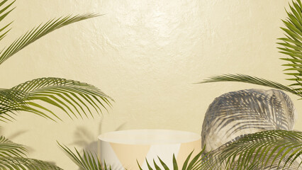 Mockup background for product presentation. podium with palm leaf and rock on  background. 3d rendering.