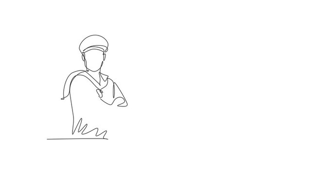 Animated self drawing of continuous one line draw young sailor man wearing uniform and posing cross arm on chest. Professional job profession minimalist concept. Full length single line animation.
