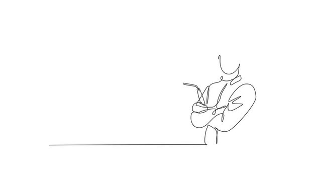 Animated self drawing of continuous line draw male welder wearing mask posing crossed arms on chest. Professional job profession minimalist concept. Full length single line animation illustration.