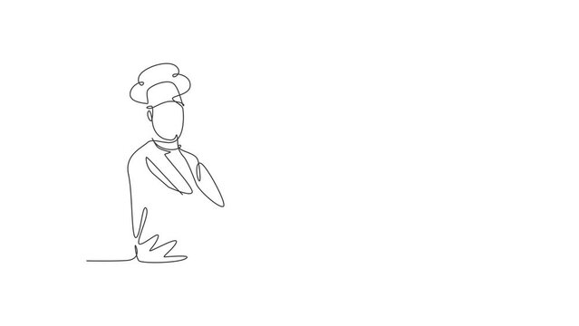 Animated self drawing of continuous line draw young male chef pose cross his arms on chest before cooking at kitchen. Professional job profession minimalist concept. Full length single line animation.