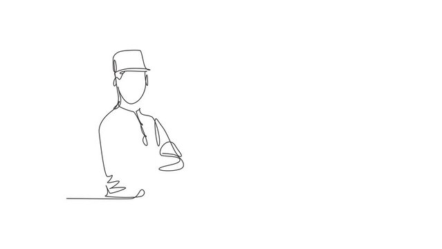 Self drawing animation of single one line draw young handsome doorman posing cross arm on chest. Professional work profession and occupation minimal concept. Continuous line draw. Full length animated