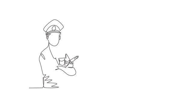 Animated self drawing of single continuous line draw young police man posing cross arm on chest while holding gun. Professional work job occupation. Minimalism concept. Full length one line animation.