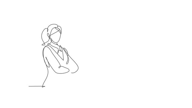 Animated self drawing of continuous line draw young female waitress holding resto menu and posing cross arms on chest. Professional job profession minimalist concept. Full length single line animation