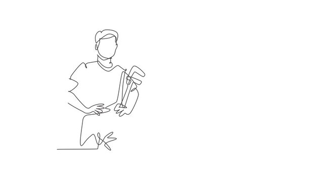 Self drawing animation of single line draw male plumber wearing uniform holding pipe wrench. Professional work profession and occupation minimal concept. Continuous line draw. Full length animated.