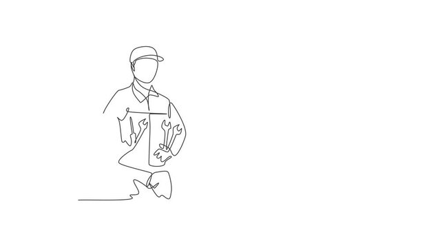 Animated self drawing of single continuous line draw young man mechanic holding wrench set at car workshop garage. Professional work job occupation. Minimalism concept. Full length one line animation.