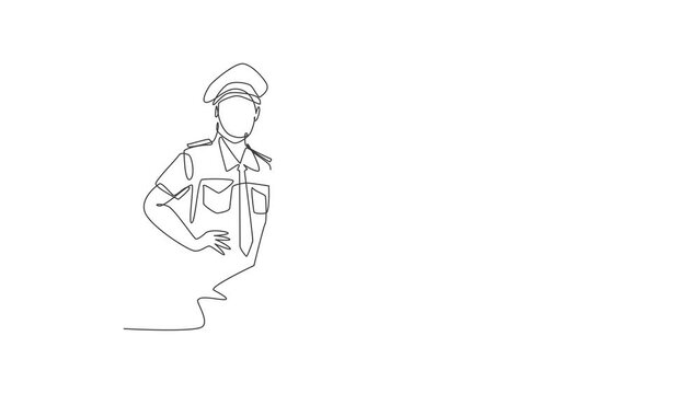 Animated self drawing of continuous one line draw young captain pilot pose wearing uniform before take off flight. Professional job profession minimalist concept. Full length single line animation.